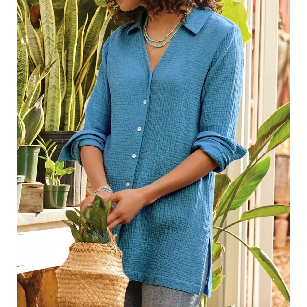 Soft Surroundings Escambia Cotton Gauze Button Down Tunic Shirt 2FJ10 Sz Small